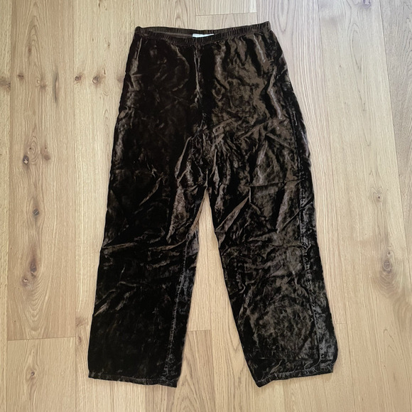 VTG Brown Crushed Velvet Pants L Pull On Wide Leg Elastic Waist Lounge 90s Y2K - Picture 2 of 8